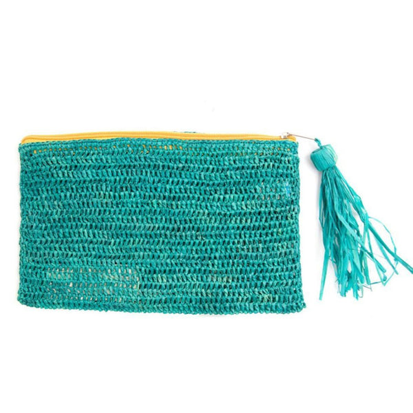 NEW Mar Y Sol Turquoise Justine Crocheted Raffia Clutch Pouch Bag