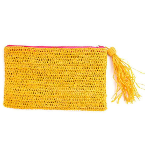 NEW Mar Y Sol Yellow Justine Crocheted Raffia Clutch Pouch Bag
