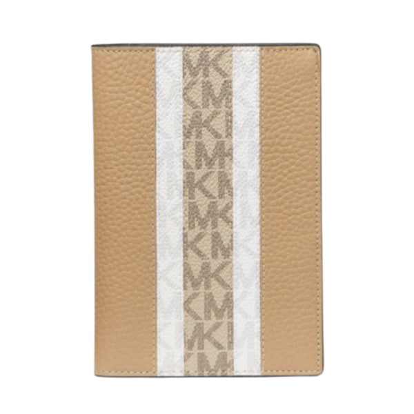 NEW Michael Kors Brown Monogram Logo Striped Pebbled Leather Passport Wallet and Luggage Tag Set