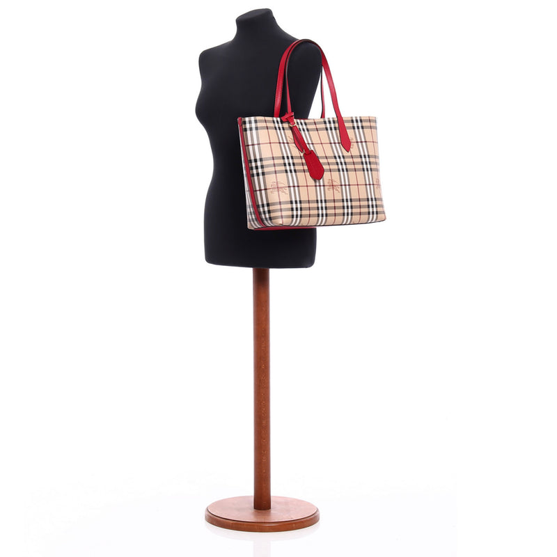 NEW Burberry Red Haymarket Check Reversible Leather Tote Shoulder Bag