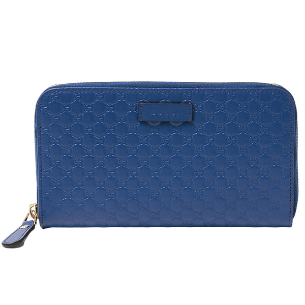NEW Gucci Blue Micro GG Guccissima Leather Zip Around Wallet Clutch Bag