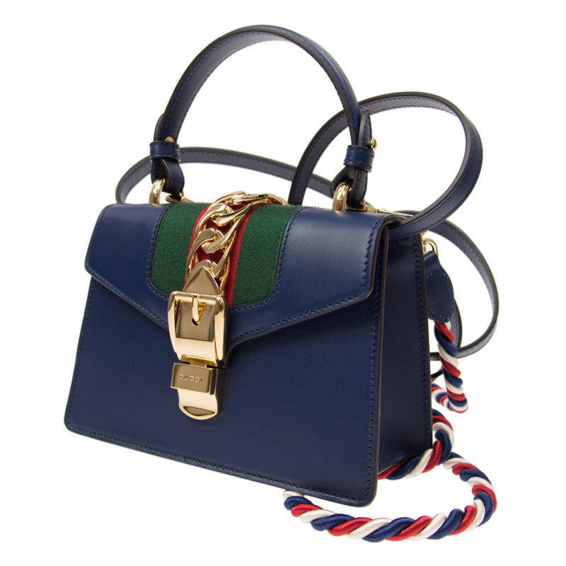 NEW Gucci Blue Sylvie Top Handle Leather Crossbody Shoulder Bag