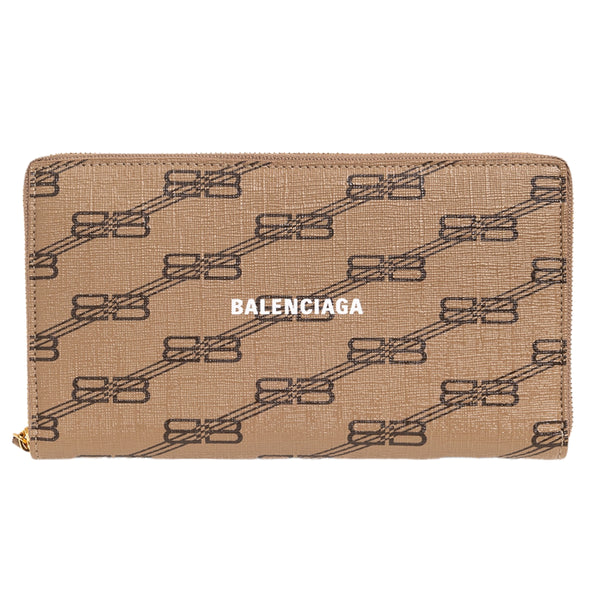 NEW Balenciaga Brown Monogram BB Zip Around Coated Canvas Clutch Bag