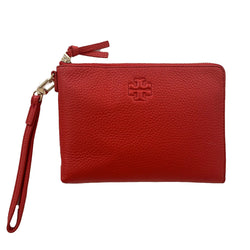 NEW Tory Burch Brilliant Red Thea Large Zip Leather Pouch Clutch Bag
