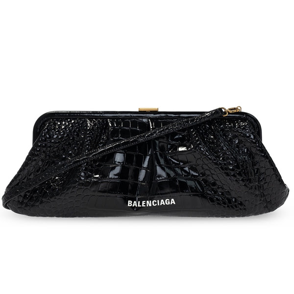 NEW Balenciaga Black Cloud XL Crocodile Pattern Leather Clutch Crossbody Bag