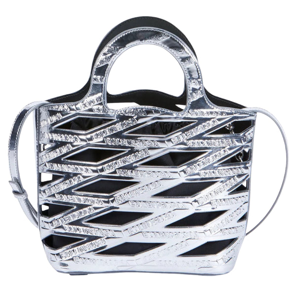 NEW Balenciaga Metallic Silver Small Neo Basket Embossed Logo Leather Handbag Satchel Crossbody Bag