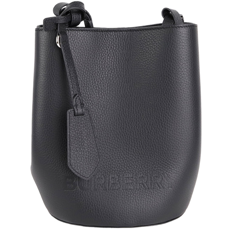 NEW Burberry Black Embossed Logo Leather Shoulder Bucket Bag
