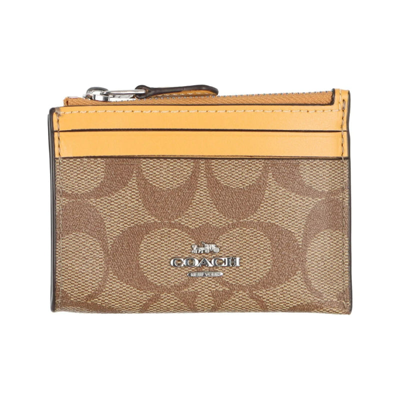 NEW Coach Brown Yellow Mini Skinny ID Case Monogram Signature Canvas Card Case Wallet