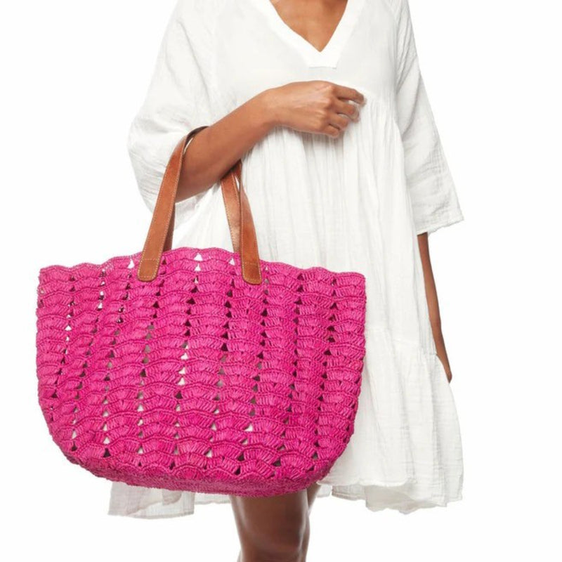 NEW Mar Y Sol Pink Paros Crocheted Raffia Tote Shoulder Bag