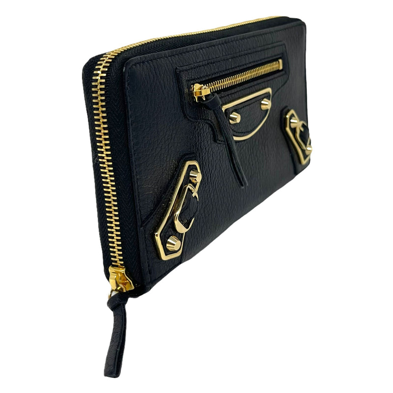 NEW Balenciaga Black Agneau Classic Leather Zip Around Wallet Clutch Bag