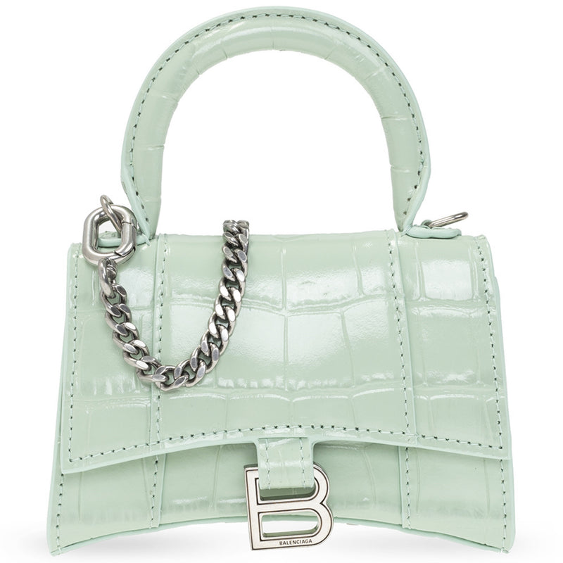 NEW Balenciaga Light Green Nano Hourglass Crocodile Pattern Leather Crossbody Bag