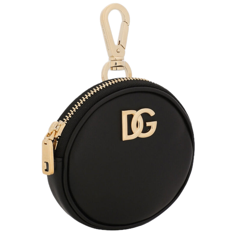 NEW Dolce & Gabbana Black Front Logo Leather Round Coin Pouch