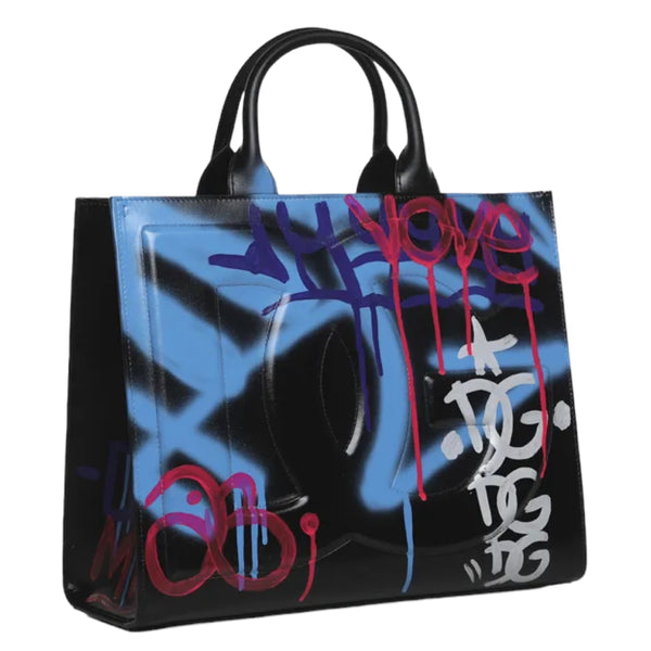 NEW Dolce & Gabbana Multicolor DG Daily Medium Graffiti Leather Shopper Tote Bag