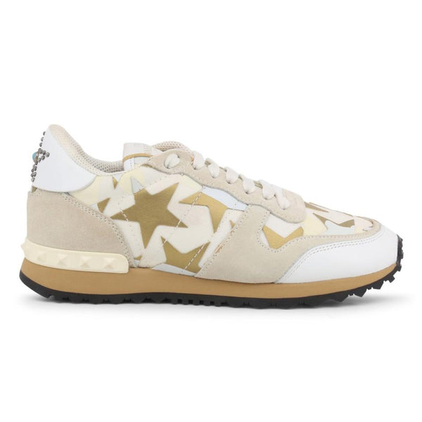 NEW Valentino White Brown Star Studded Leather Rubber Sneaker